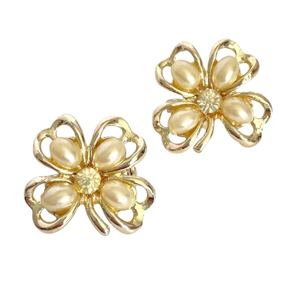 Shamrock 4Leaf Clover Sweater Scatter Pins Faux Pearl Rhinstone Gold Tone Set 2 - Picture 1 of 7